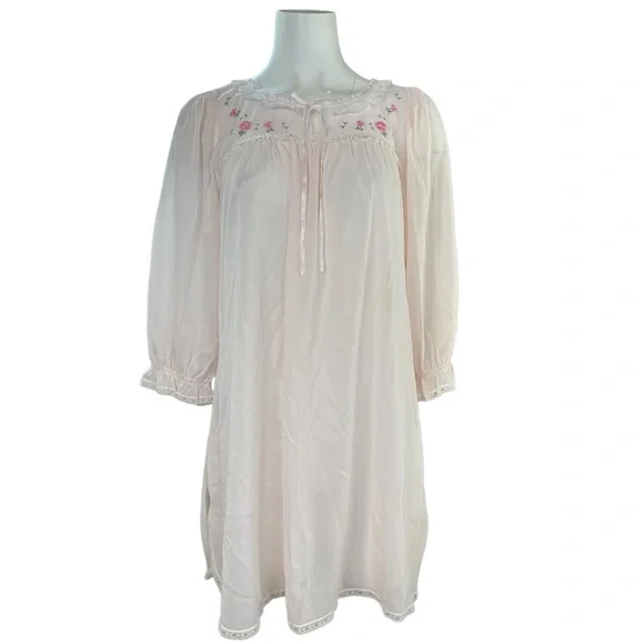 Miss Elaine Vintage ILGWU Pink Nylon Floral Embroidered Nightgown Small S - Picture 1 of 10
